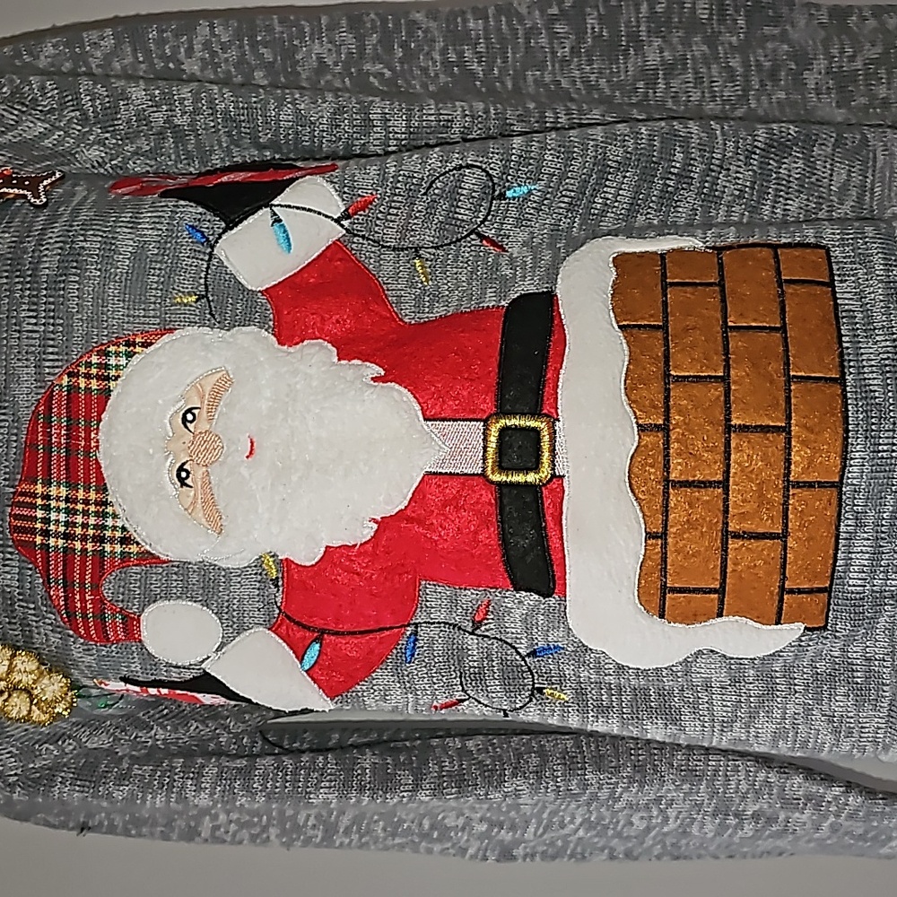 Holiday Time Santa in Chimney X-Mas Ugly Sweater 5 pins+ Gray base Embroidery Lg